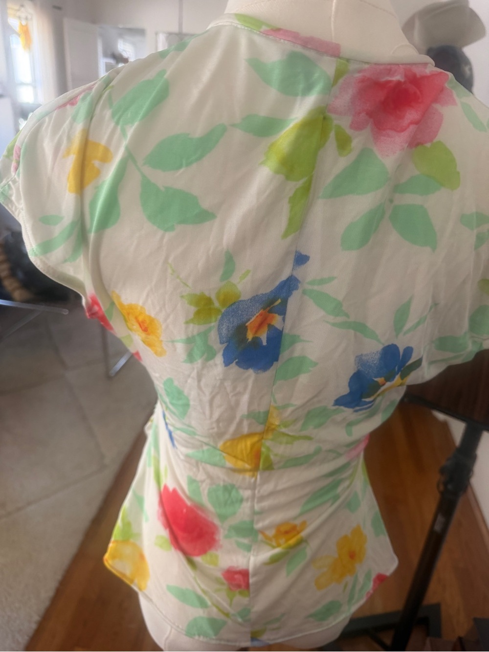 Floral Wrap-Front Cap Sleeve Top - White with Multi-Color Floral - Picture 4 of 5